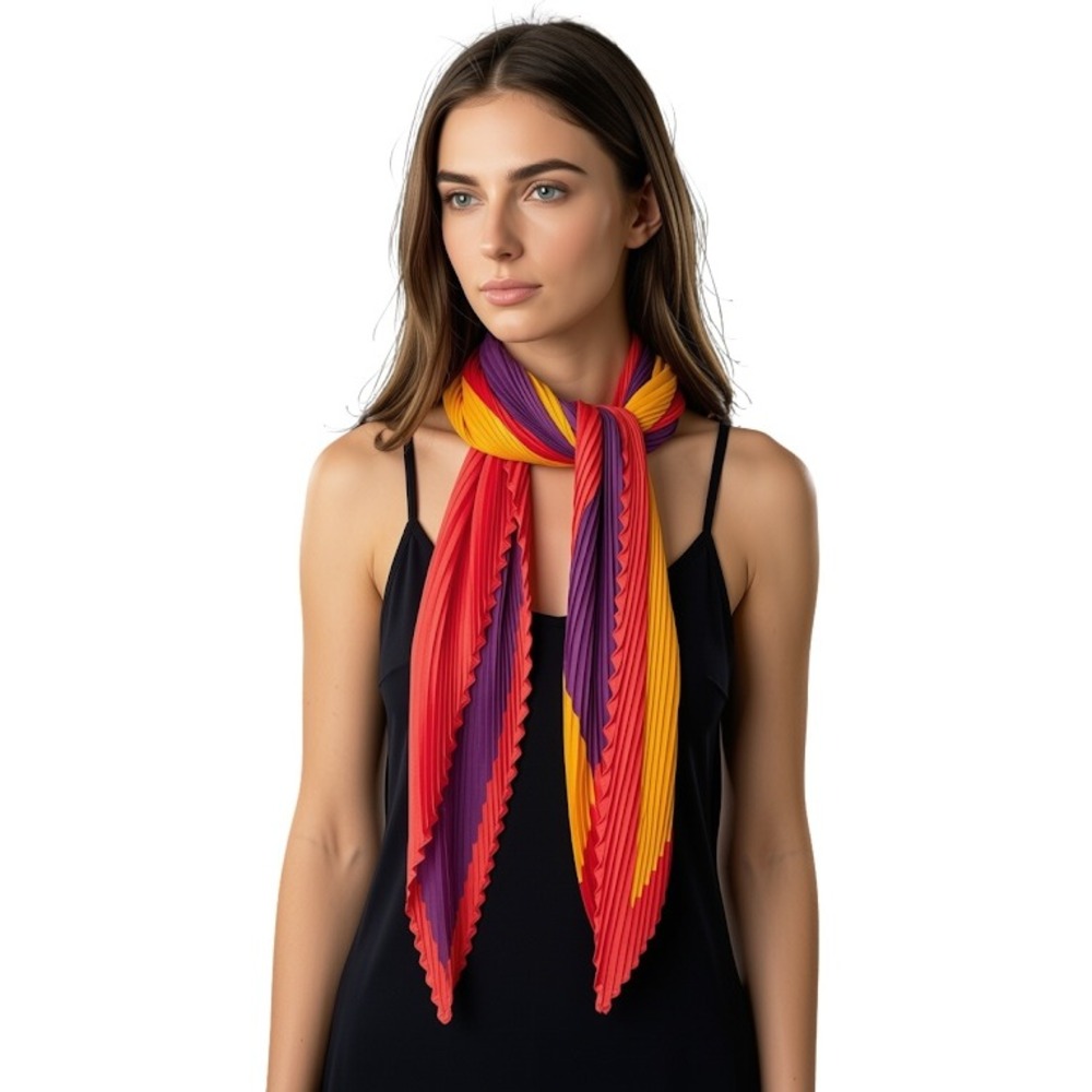 Red Orange Purple Geometric Pleated‎ Accordion Scarf Colorblock Diamond Wrap
